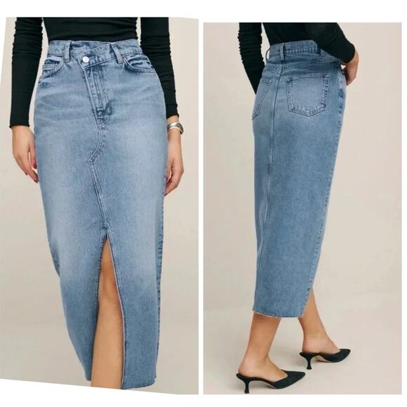 Reformation Nila Long Denim Skirt Raw Hem Slit High Waisted Crossover Size 24 - Picture 1 of 8